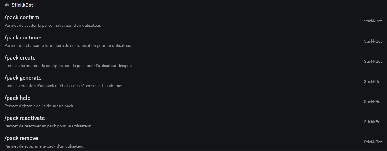 Commande du bot Discord Stinkk Pack